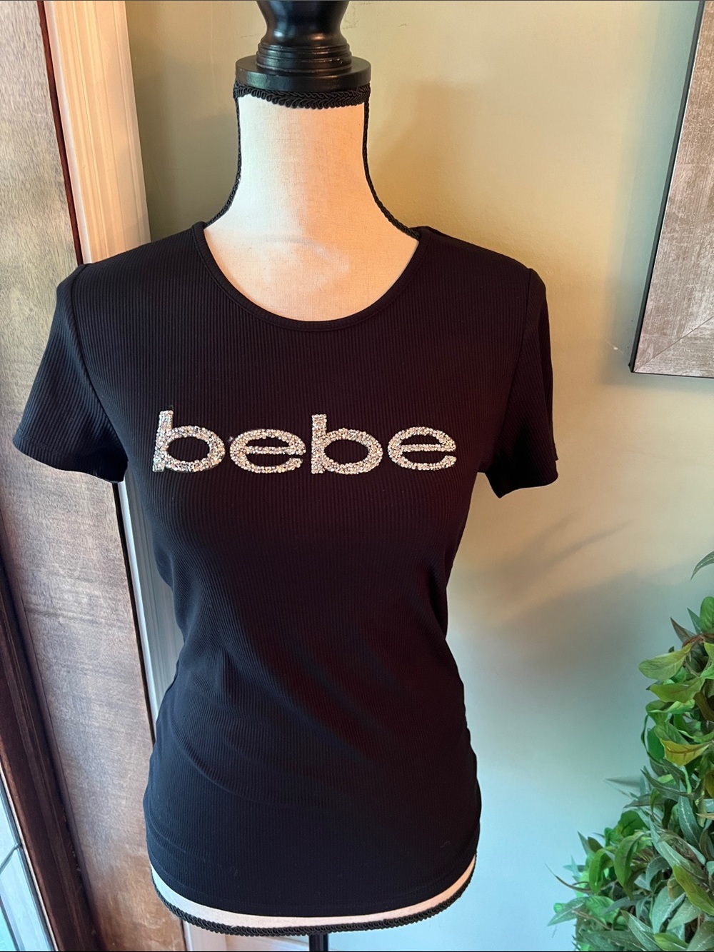 bebe Black Short Sleeve Tee with Crystal Logo